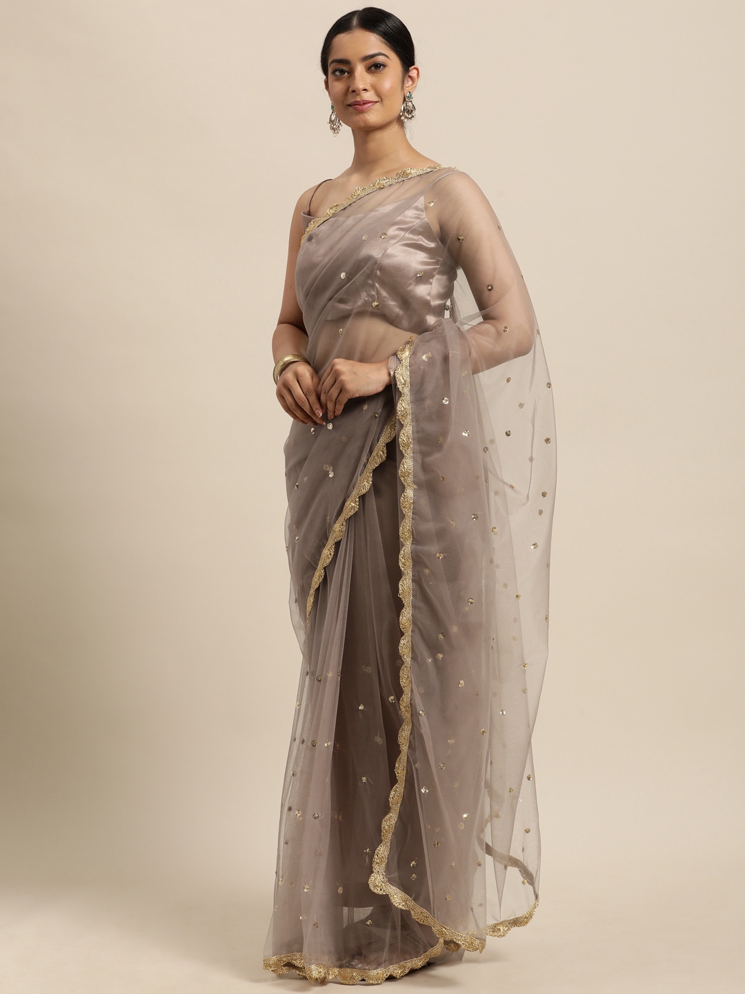 

Janasya Beige Embellished Sequinned Net Saree