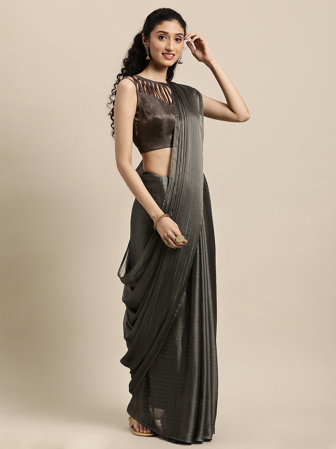 

Janasya Grey Striped Poly Chiffon Saree