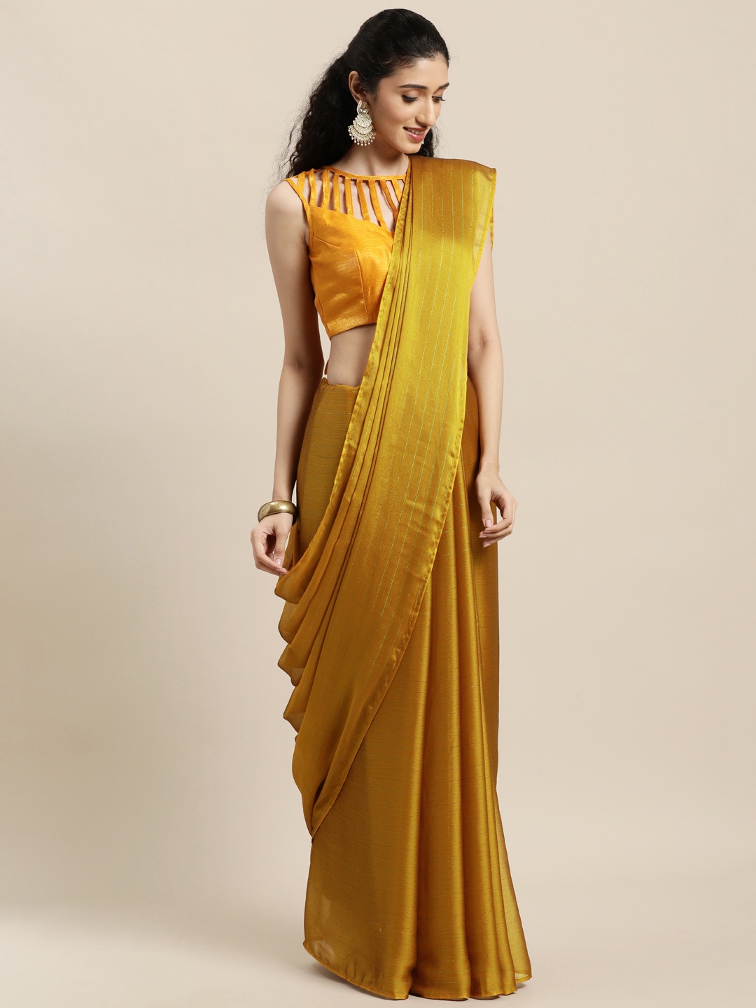 

Janasya Mustard Striped Poly Chiffon Saree