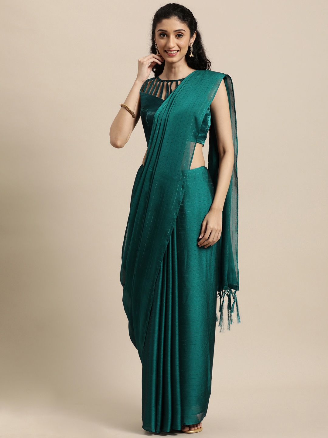 

Janasya Teal Green Striped Poly Chiffon Saree