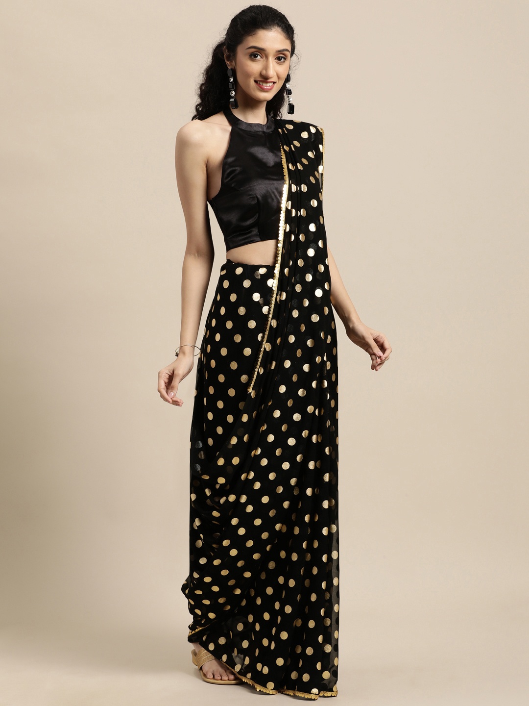 

Janasya Black & Gold Polka Dots Printed Poly Georgette Saree