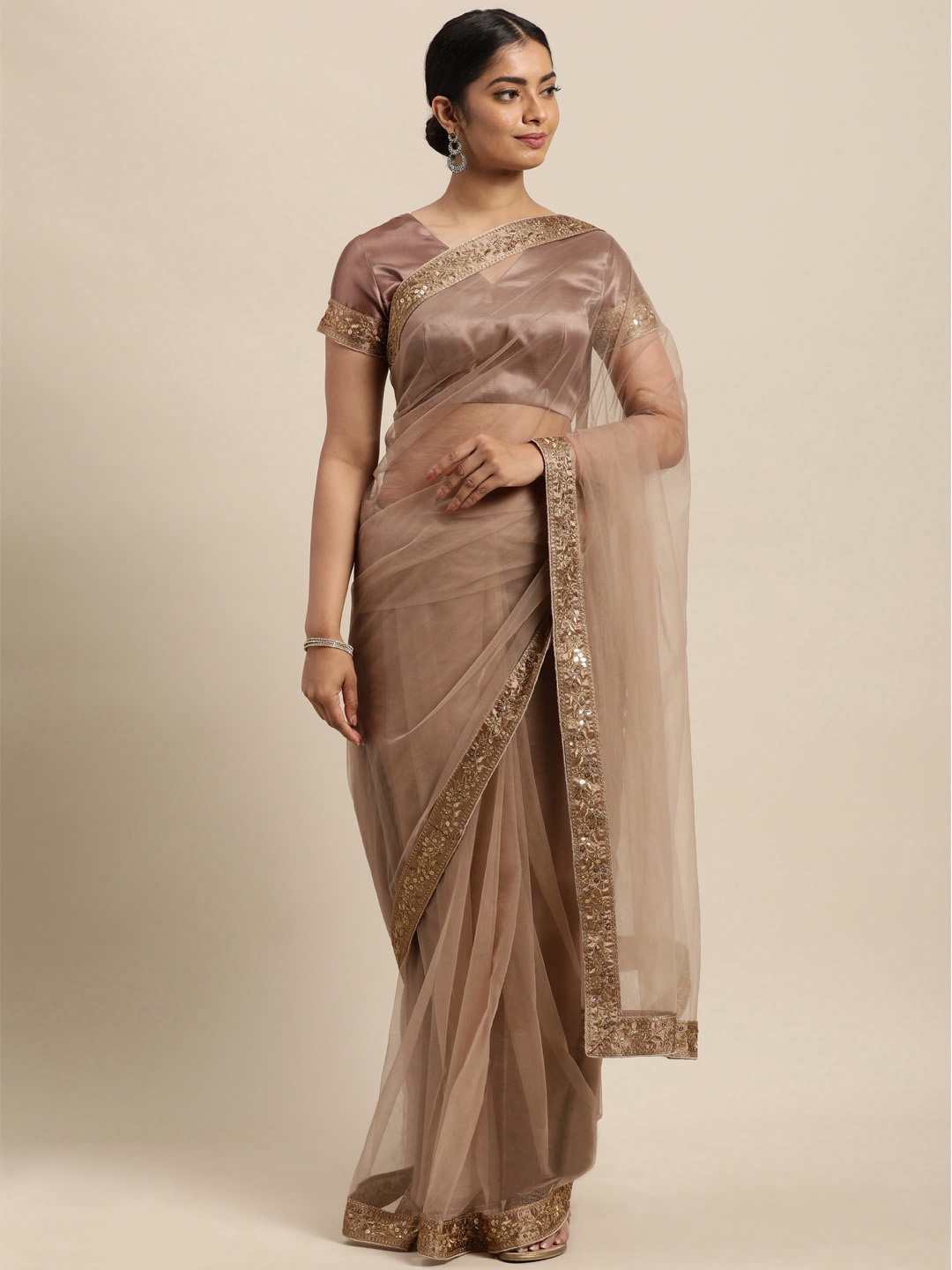 

Janasya Gold-Toned Net Saree with Embellished Border