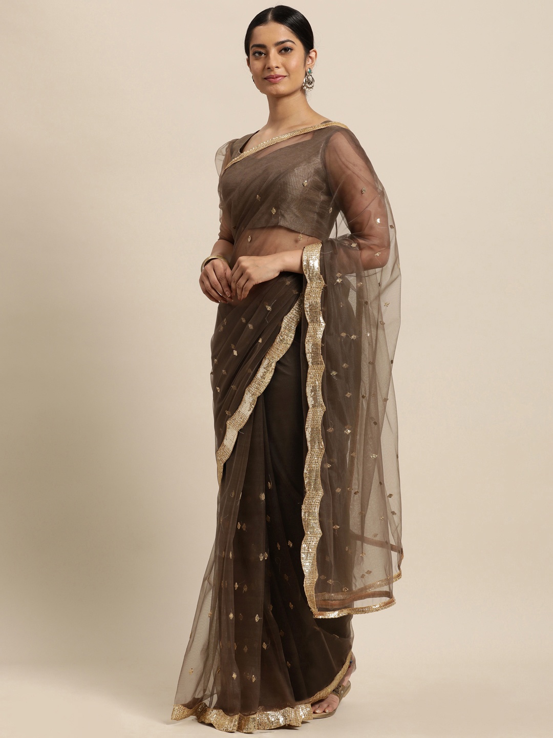 

Janasya Brown Embellished Sequinned Net Saree