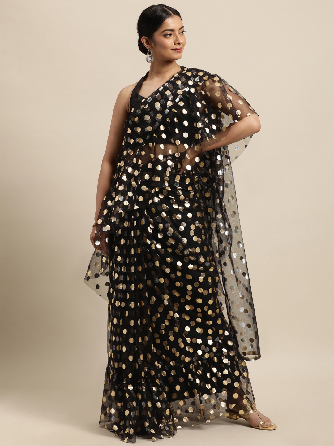 

Janasya Black & Golden Polka Dots Net Ruffles Saree
