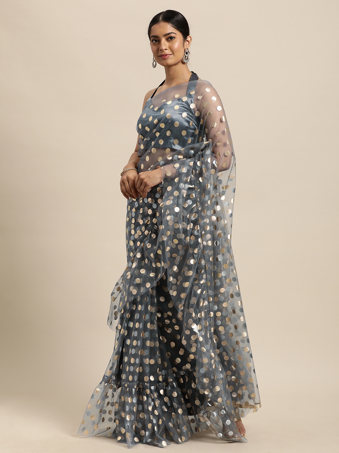 

Janasya Grey & Golden Polka Dots Net Ruffles Saree