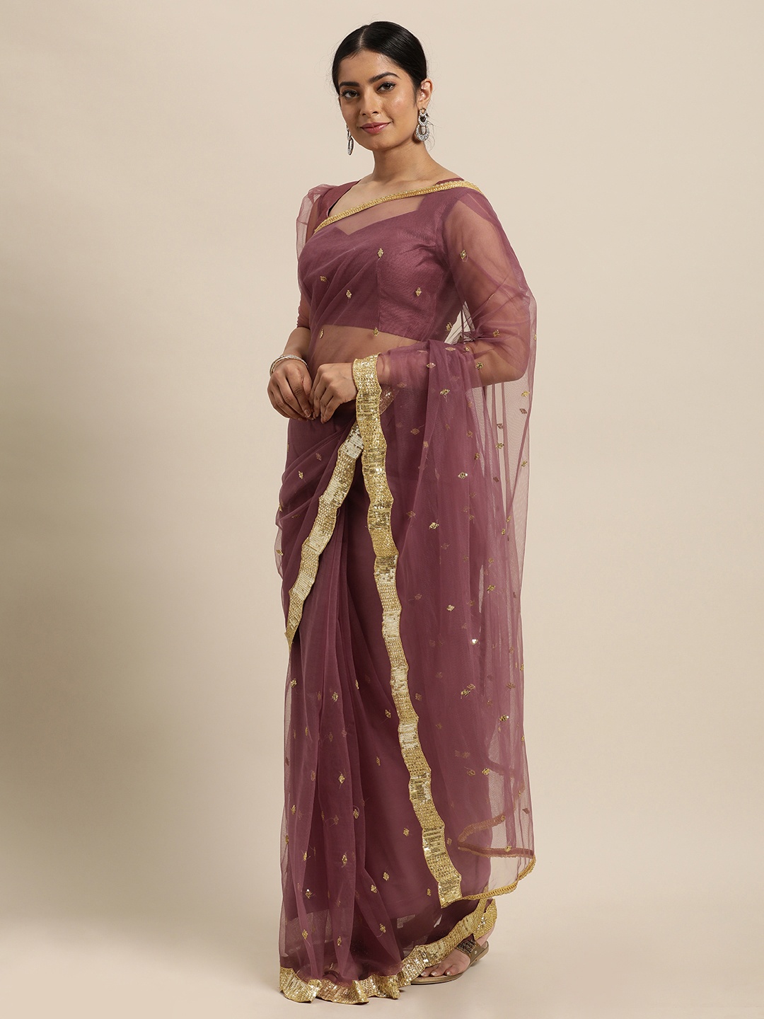 

Janasya Mauve Embellished Sequinned Net Saree