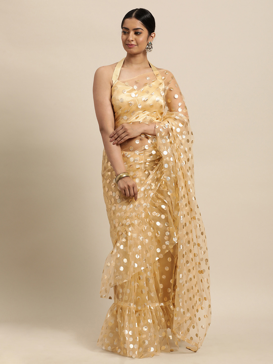 

Janasya Cream-Coloured & Golden Polka Dots Net Ruffles Saree