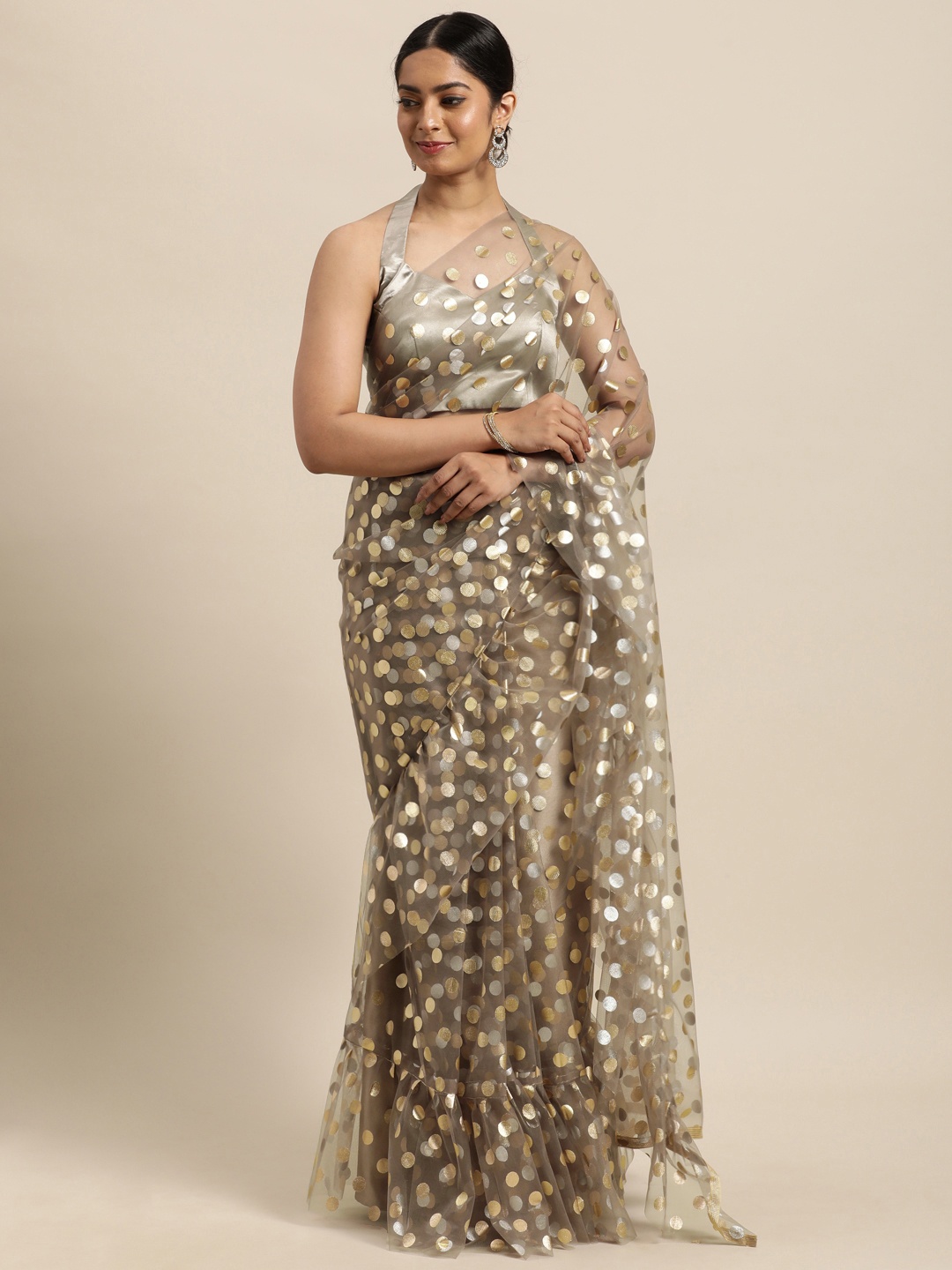 

Janasya Brown & Golden Polka Dots Net Ruffles Saree