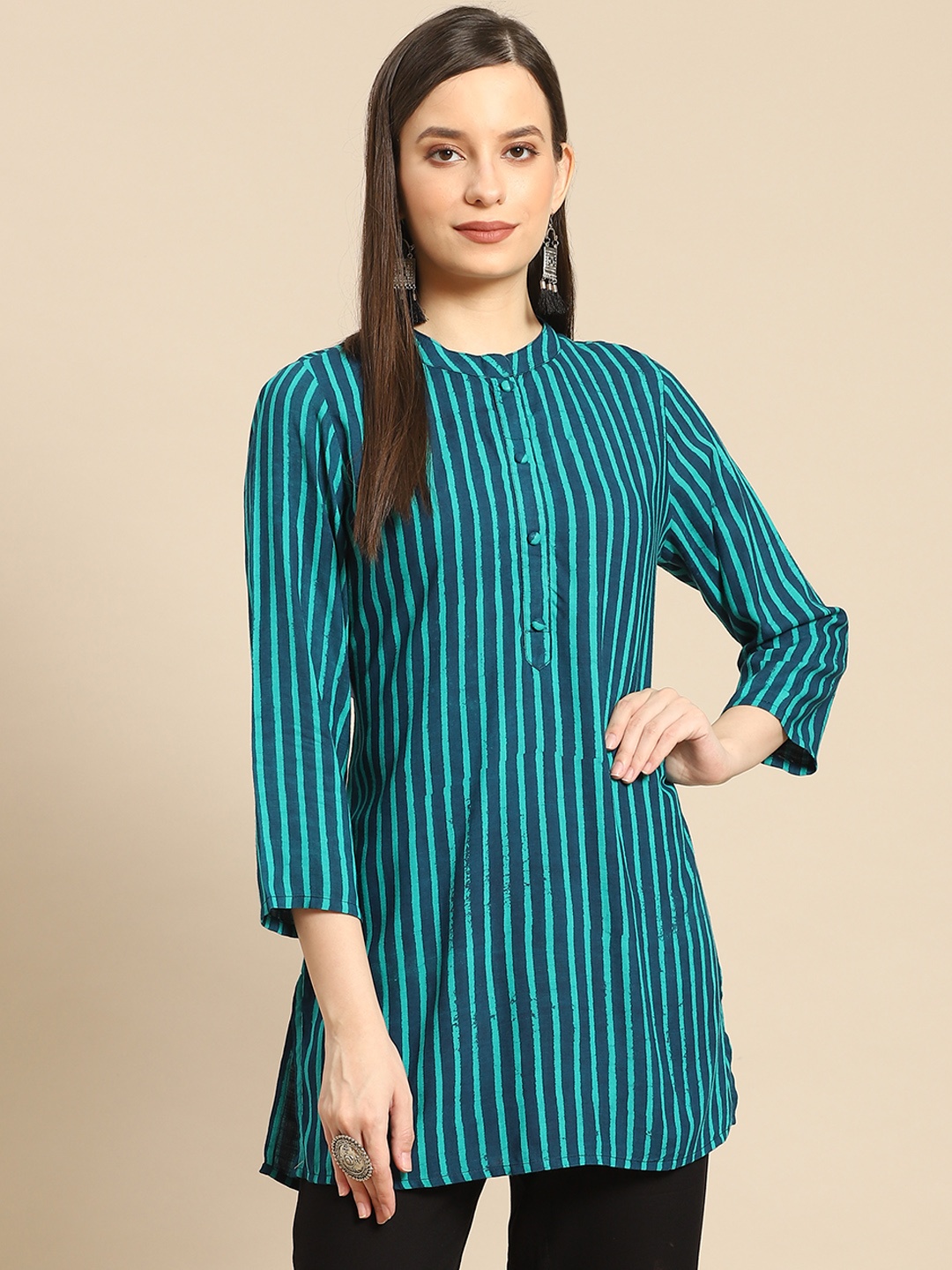 

Prakrti Women Navy Blue & Green Striped Kurti