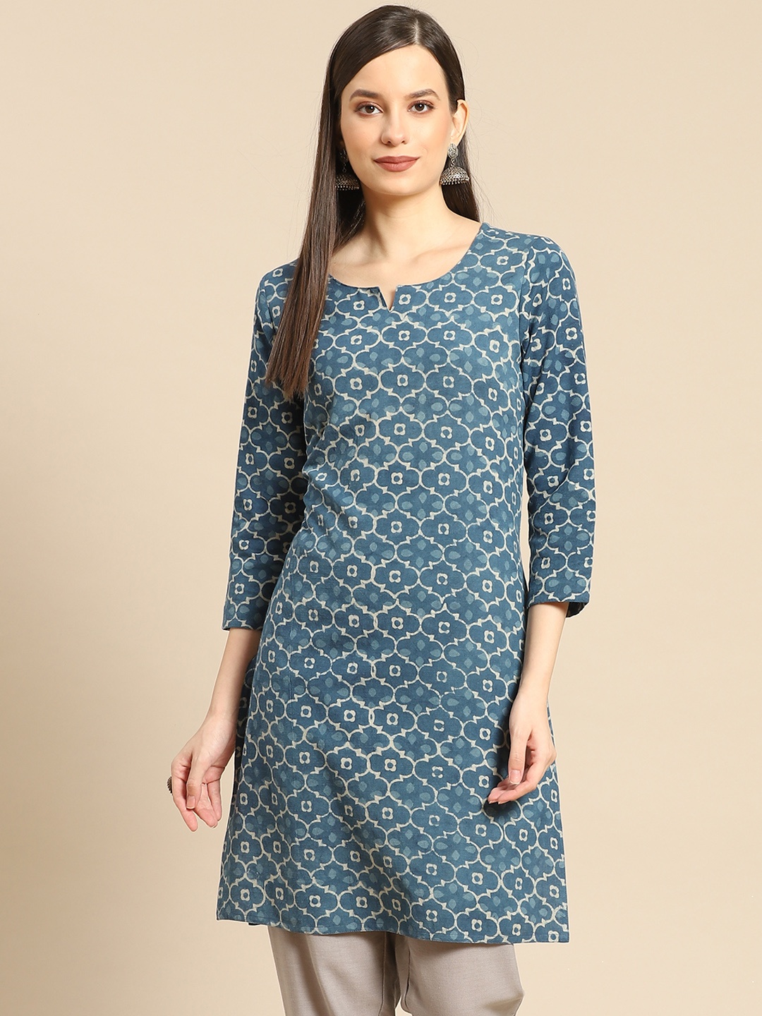 

Prakrti Women Navy Blue & Off White Ethnic Motifs Printed Pure Cotton Kurti