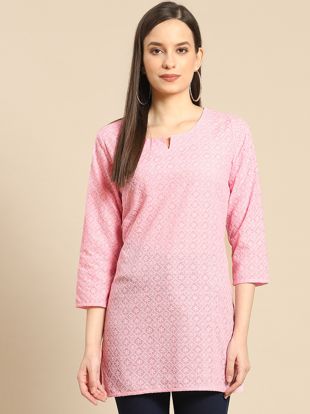 

Prakrti Pink Chikankari Embroidered Pure Cotton Straight Kurti