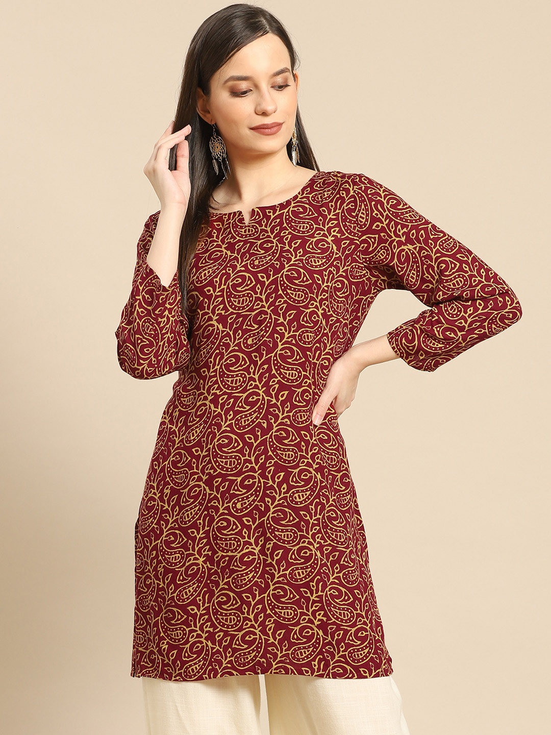 

Prakrti Women Maroon & Beige Ethnic Motifs Printed Kurti