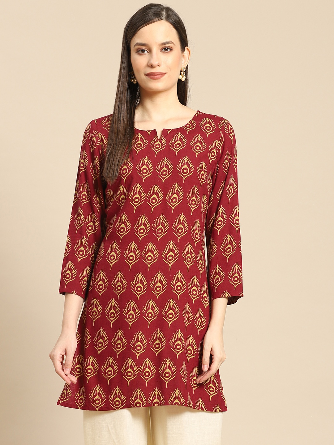 

Prakrti Women Maroon & Beige Ethnic Motifs Printed Kurti