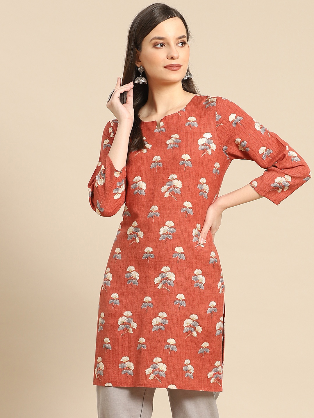 

Prakrti Women Rust Red & White Ethnic Motifs Printed Kurti