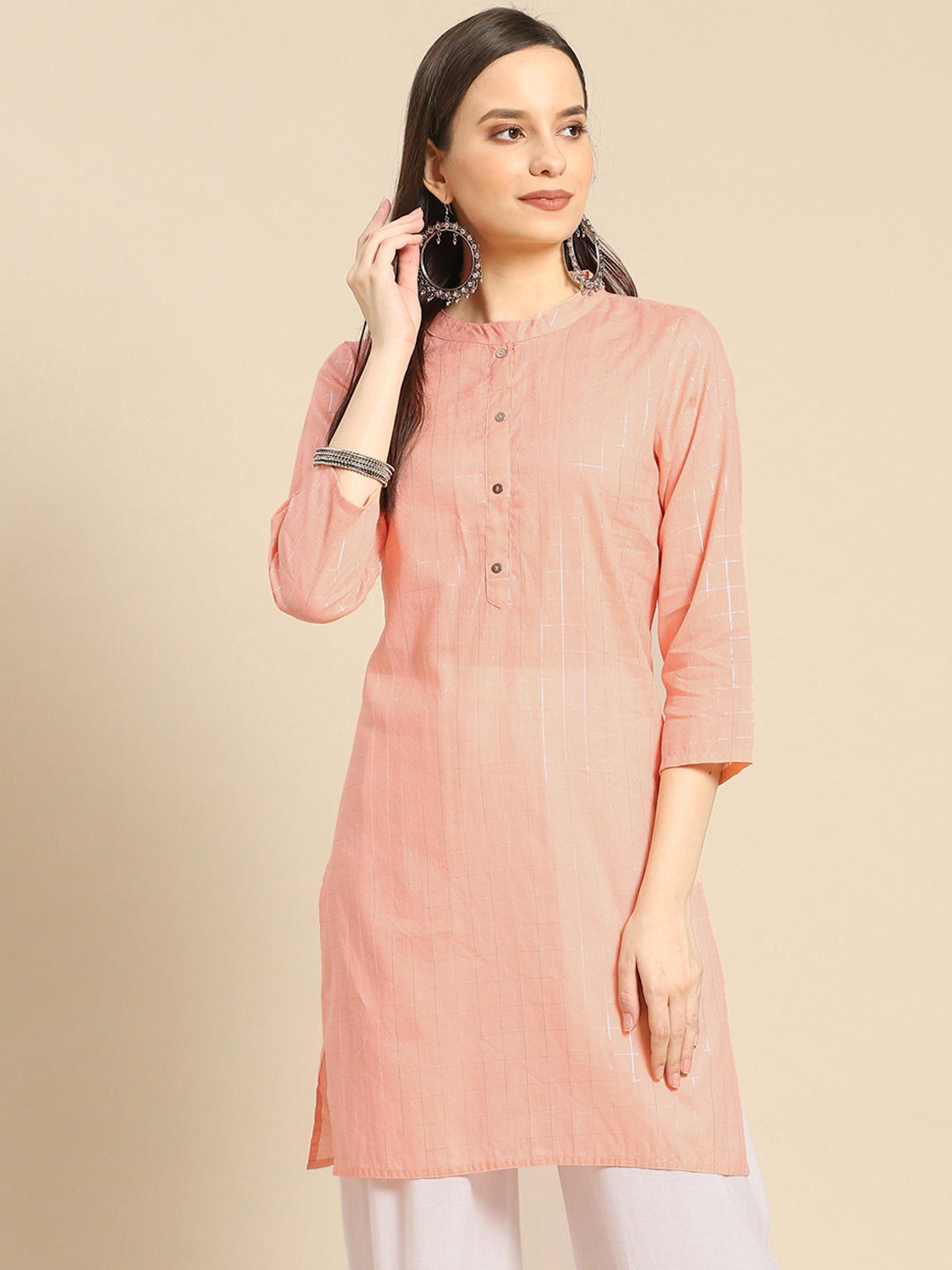 

Prakrti Women Peach-Coloured Checked Pure Cotton Kurti