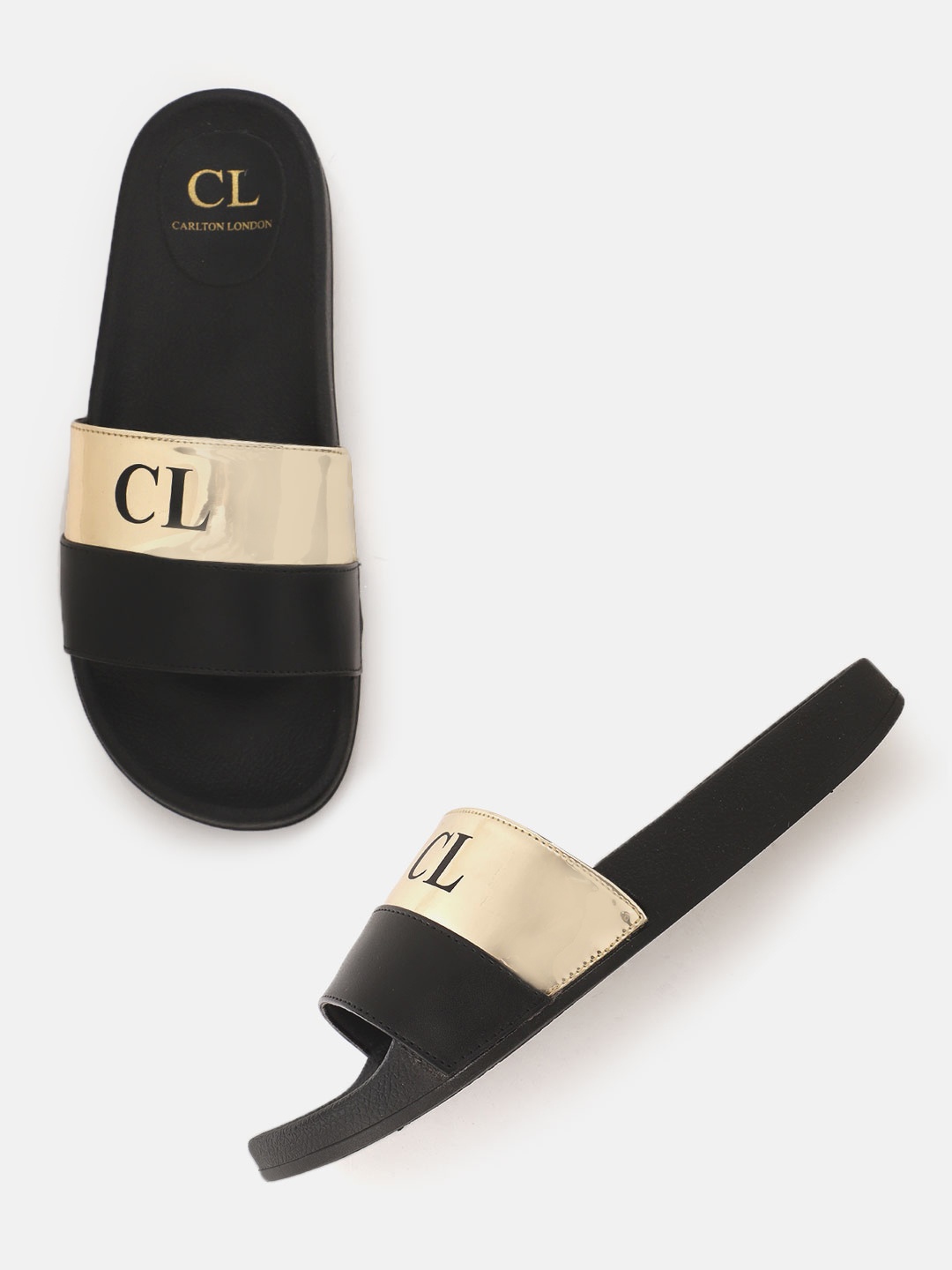 

Carlton London Women Black & Gold-Toned Colourblocked Open Toe Flats