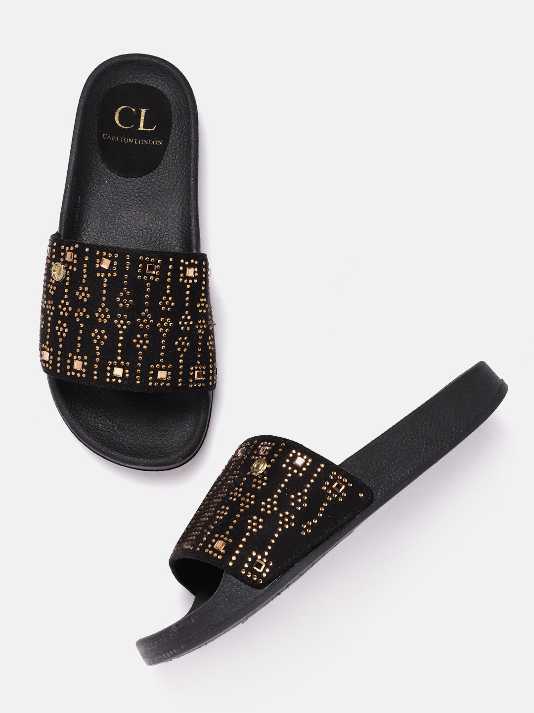 

Carlton London Women Black & Gold-Toned Embellished Open Toe Flats