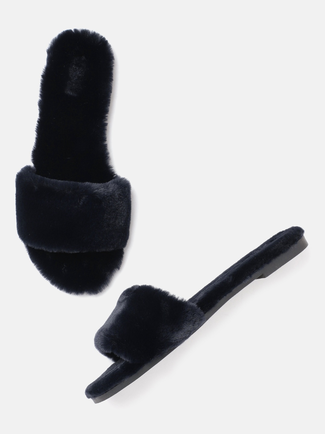 

Carlton London Women Navy Blue Solid Faux Fur Open Toe Flats