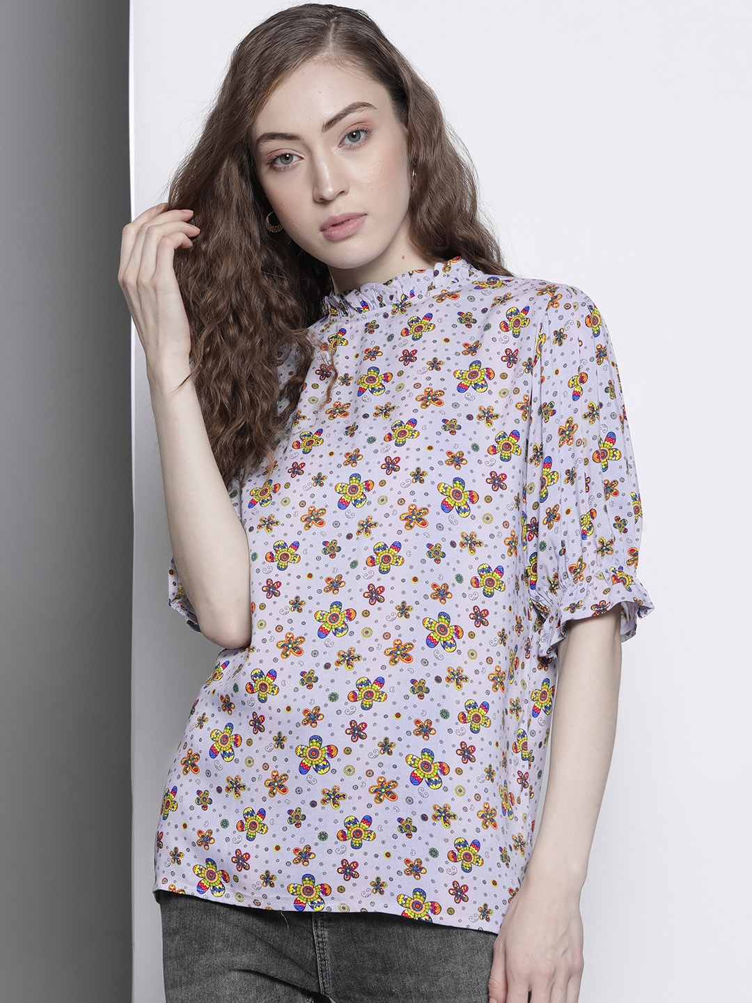 

One Femme Grey Ethnic Print Ruffles Regular Top