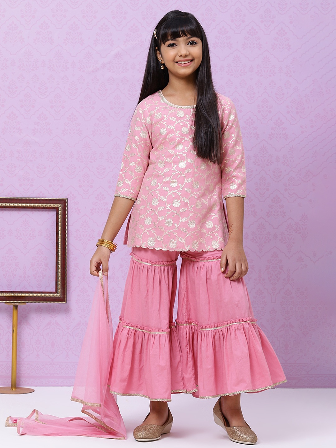 

Biba Girls Pink & Golden Ethnic Motifs Print Regular Kurti with Sharara & Dupatta