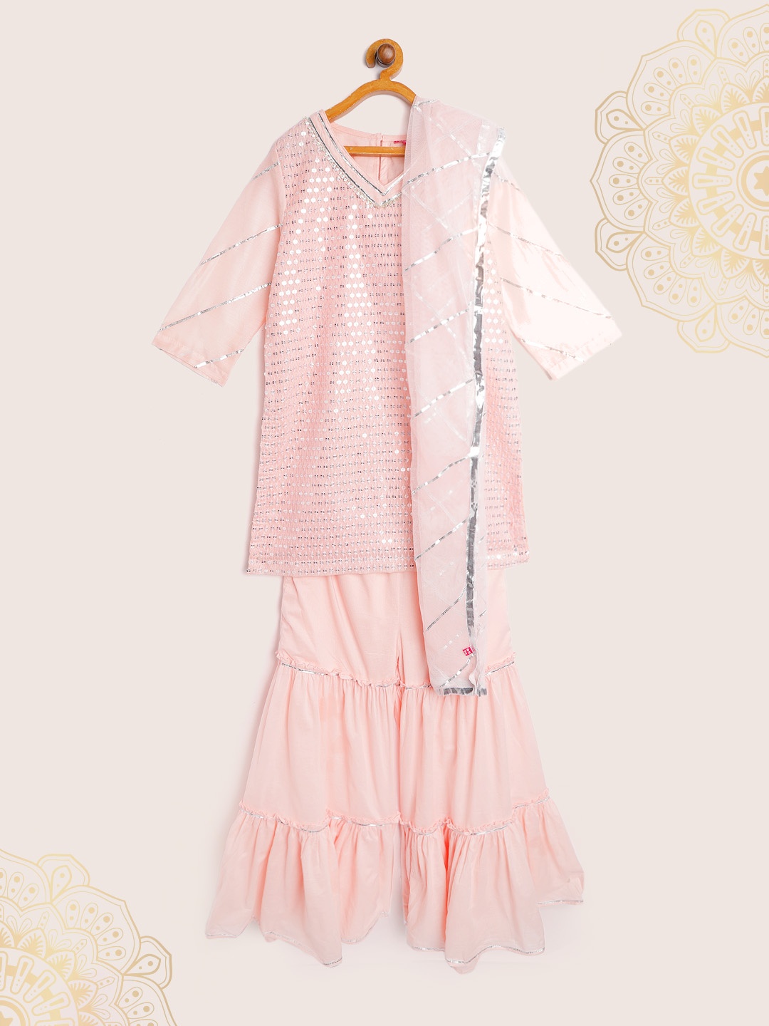 

Biba Girls Pink & Silver Sequinned Kurta with Sharara & Dupatta