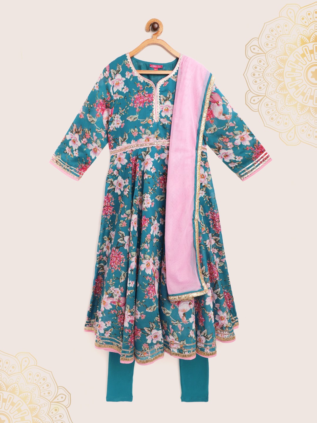 

Biba Girls Teal Green & Pink Ethnic Print Anarkali Kurta with Leggings & Dupatta