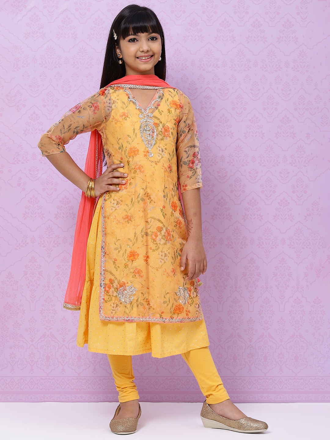 

Biba Girls Yellow & Silver Printed Layered Kurta with Churidar & Dupatta