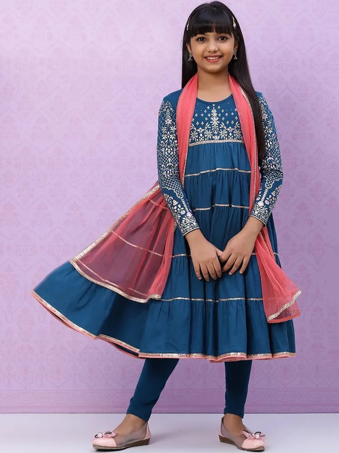 

Biba Girls Teal & Pink Floral Printed Tiered Pure Cotton Kurta & Churidar With Dupatta
