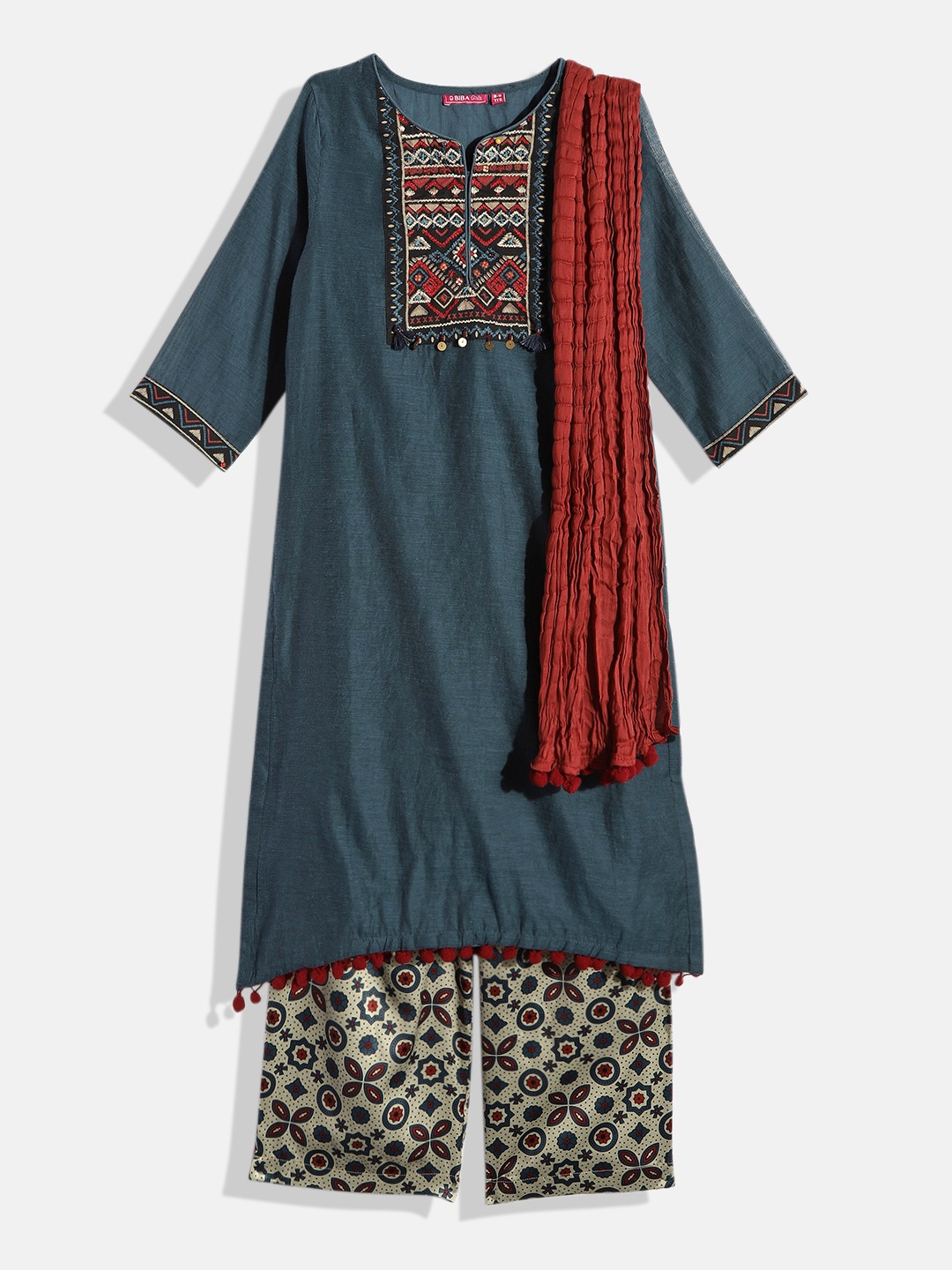 

Biba Girls Teal Blue & Off-White Ethnic Motifs Embroideted Kurta with Palazzos & Dupatta