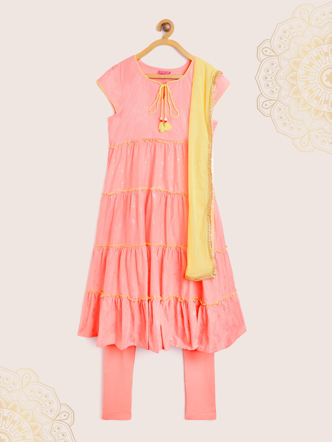 

Biba Girls Peach-Coloured Printed Tiered A-Line Kurta with Churidar & Dupatta