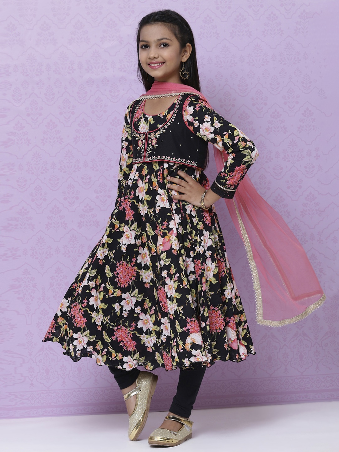 

Biba Girls Black & Pink Floral Cotton Kurta with Churidar & Dupatta with Ethnic Jacket