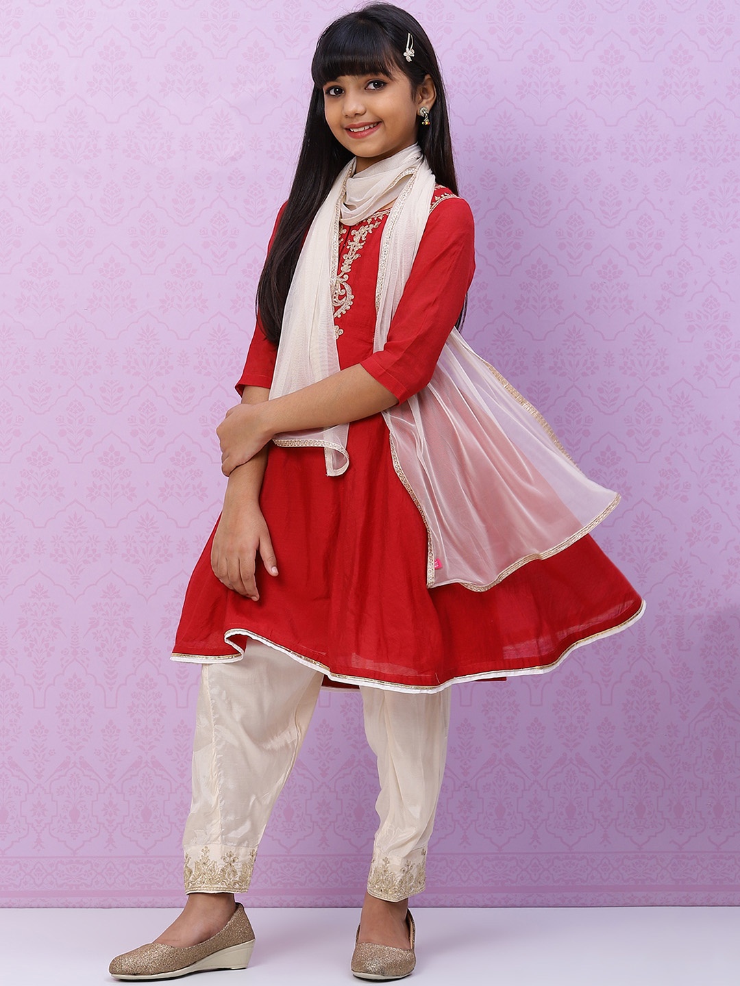

Biba Girls Red & Cream-Coloured Floral Embroidered Kurta With Salwar & Dupatta