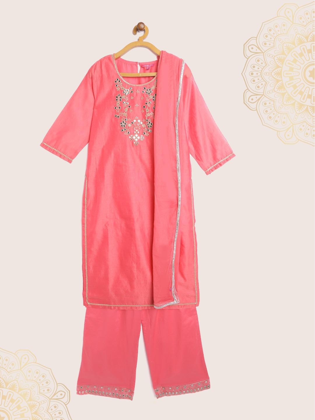 

Biba Girls Pink & Golden Ethnic Motifs Embroidered Kurta with Palazzos & Dupatta
