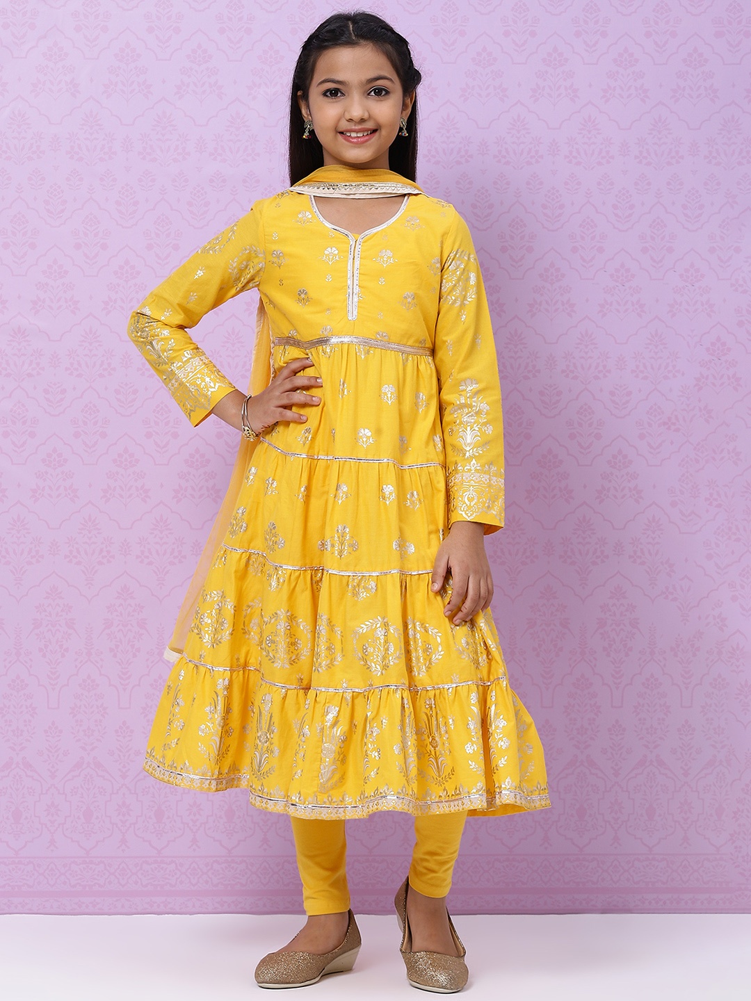 

Biba Girls Mustard Yellow Ethnic Motifs Print Tiered Kurta with Churidar & Dupatta