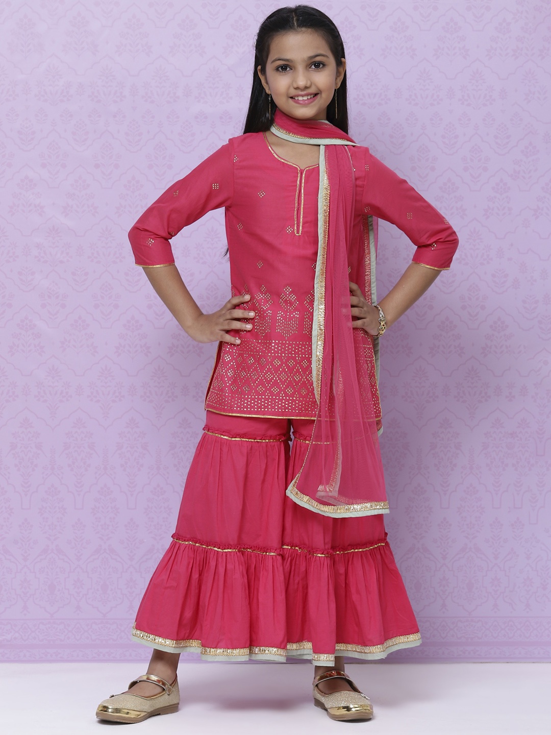 

Biba Girls Fuchsia Embellished Kurtis with Sharara & Dupatta