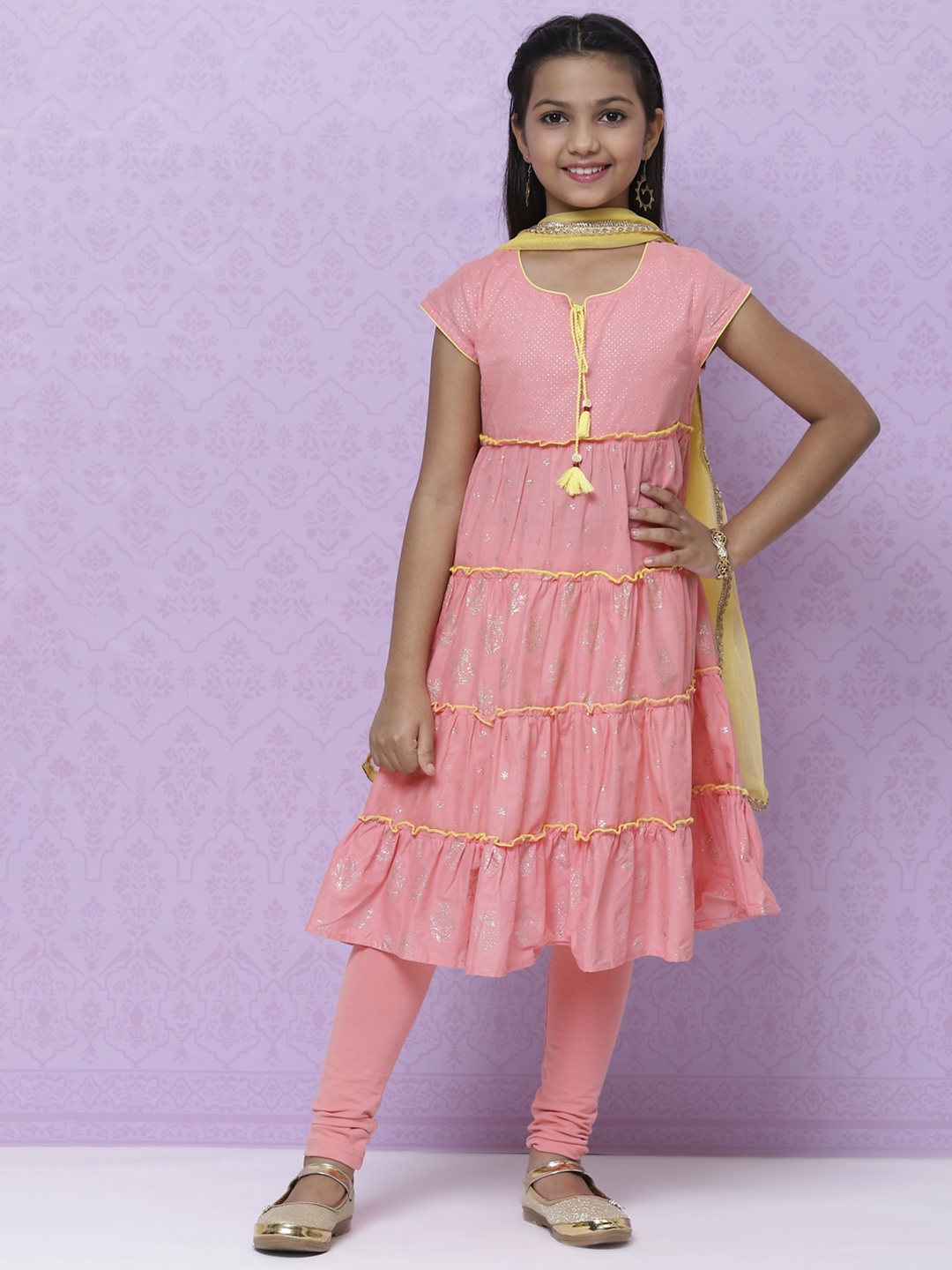 

Biba Girls Pink & Golden Printed Tiered Pure Cotton Kurta with Churidar & Dupatta