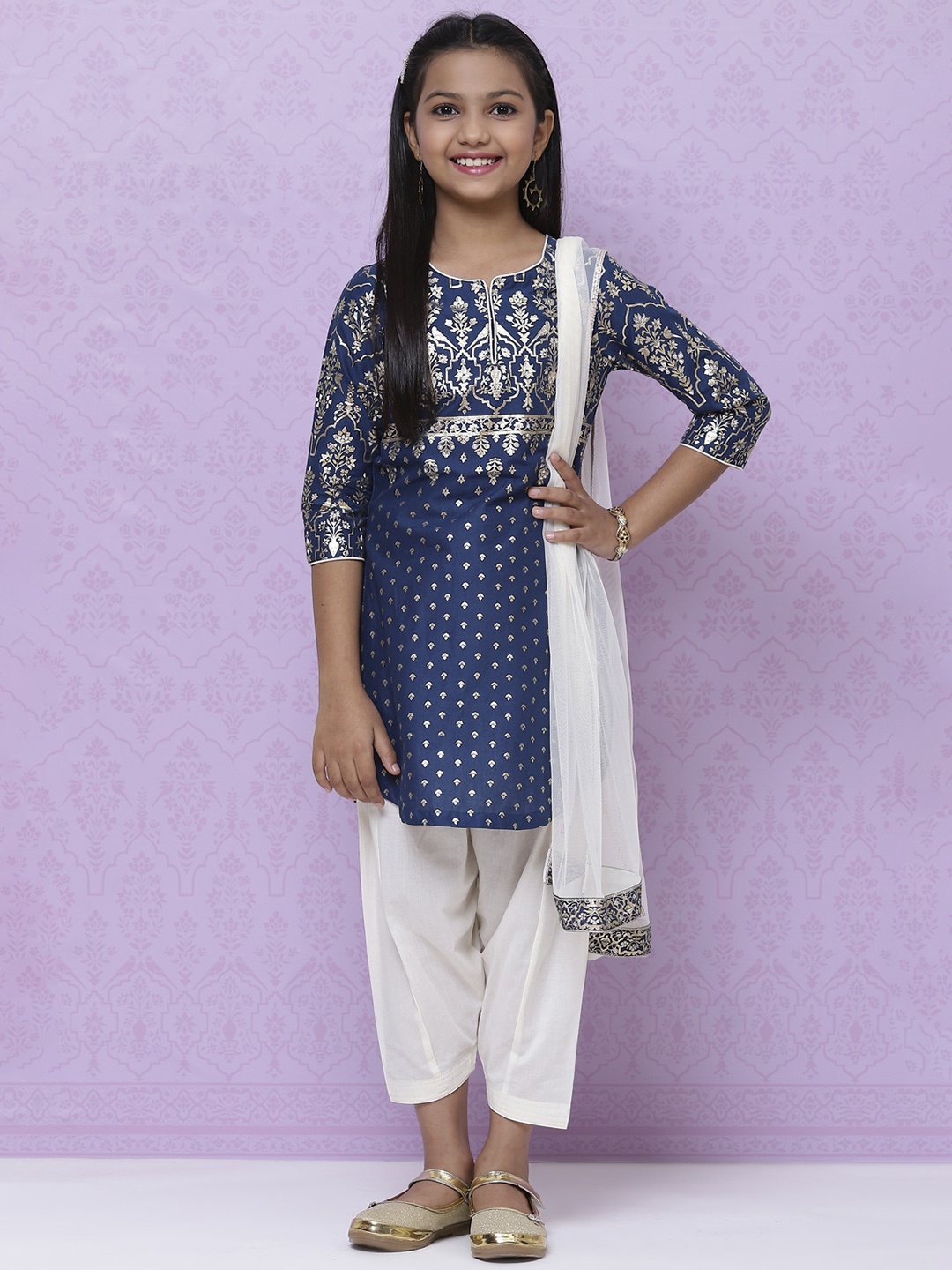 

Biba Girls Navy Blue Ethnic Motifs Printed Regular Pure Cotton Kurta with Salwar & Dupatta