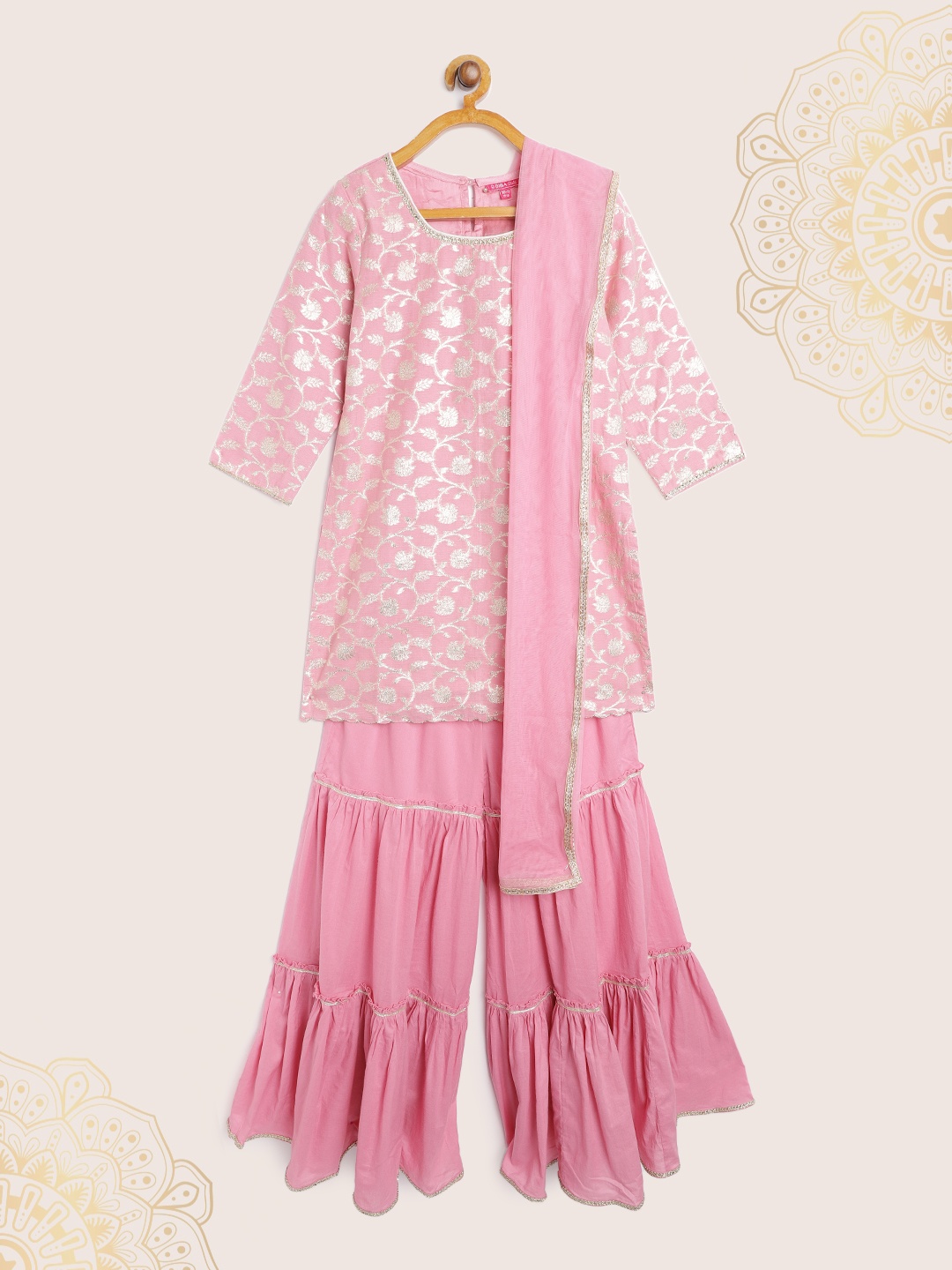 

Biba Girls Pink & Golden Woven Design Print Kurta with Sharara & Dupatta