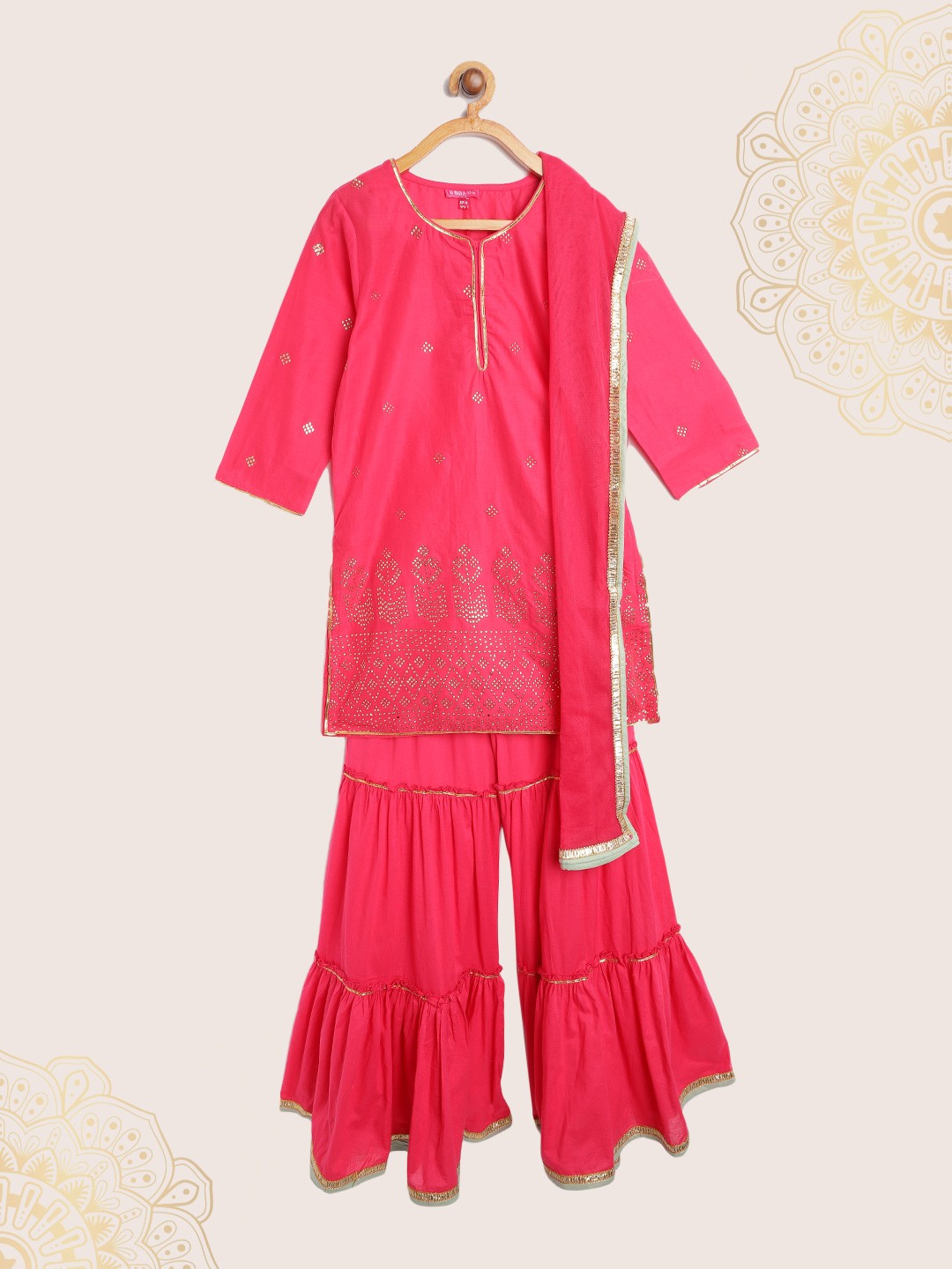

Biba Girls Pink & Golden Embellished Gotta Patti Pure Cotton Kurta with Sharara & Dupatta