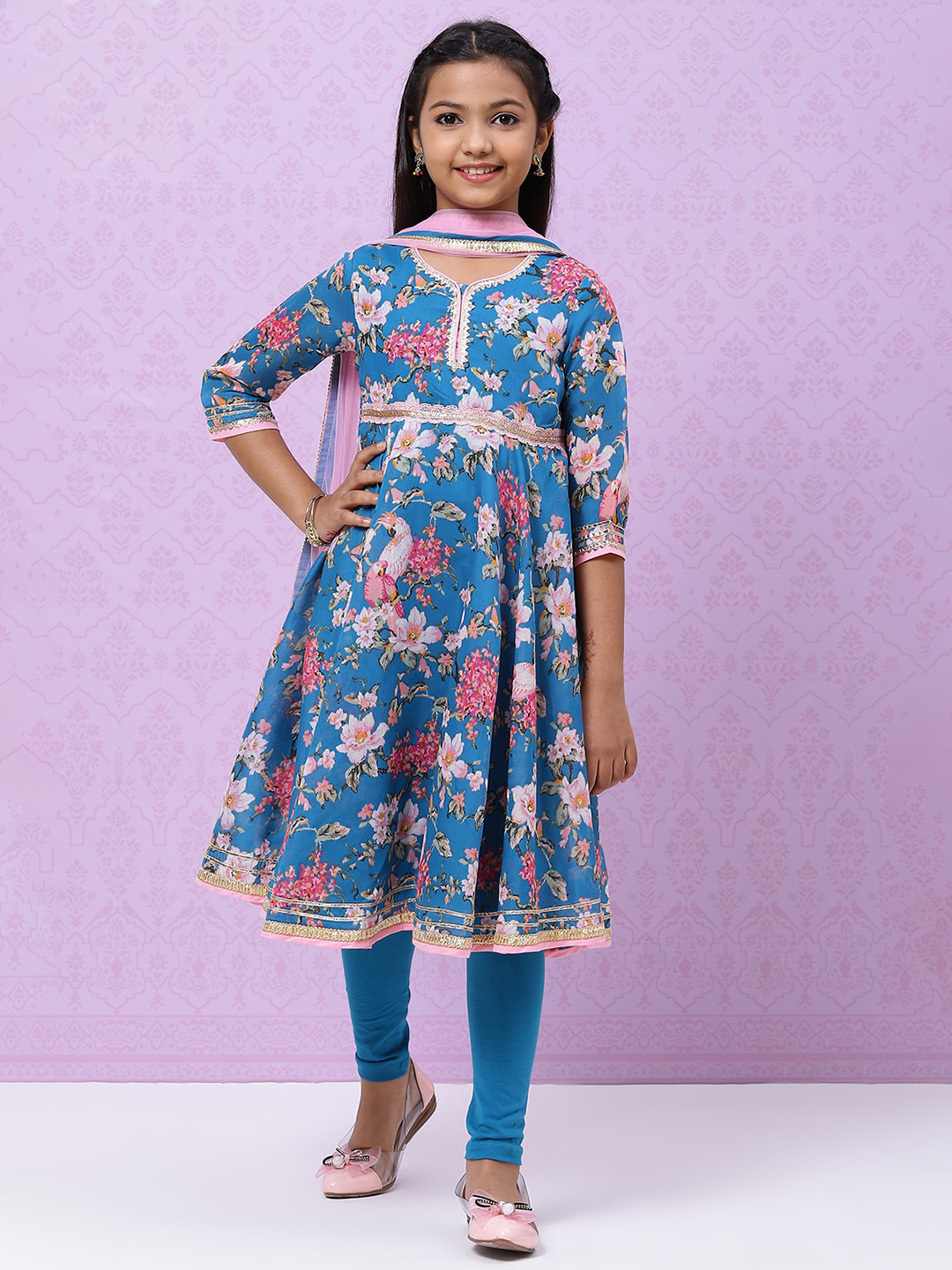 

Biba Girls Blue & Pink Floral Print Anarkali Kurta with Churidar & Dupatta