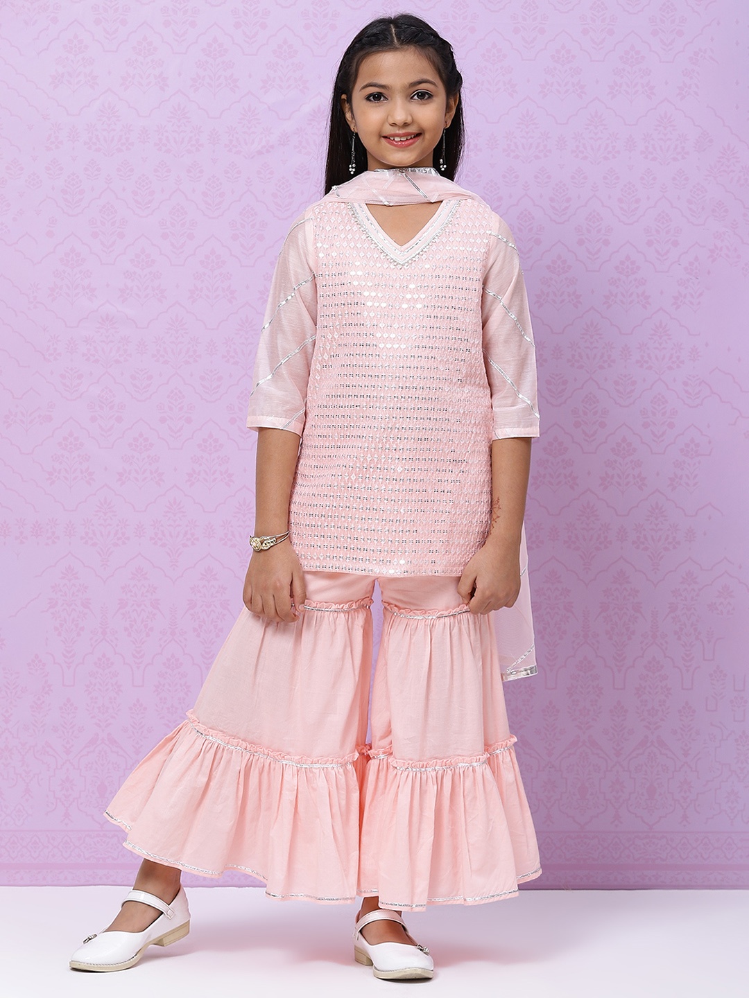 

Biba Girls Pink & Silver Embroidered Kurti with Sharara & Dupatta