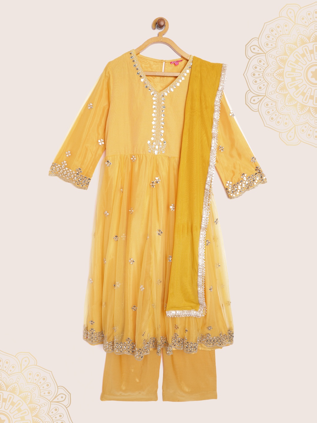 

Biba Girls Mustard Yellow & Golden Embellished A-Line Kurta with Trousers & Dupatta