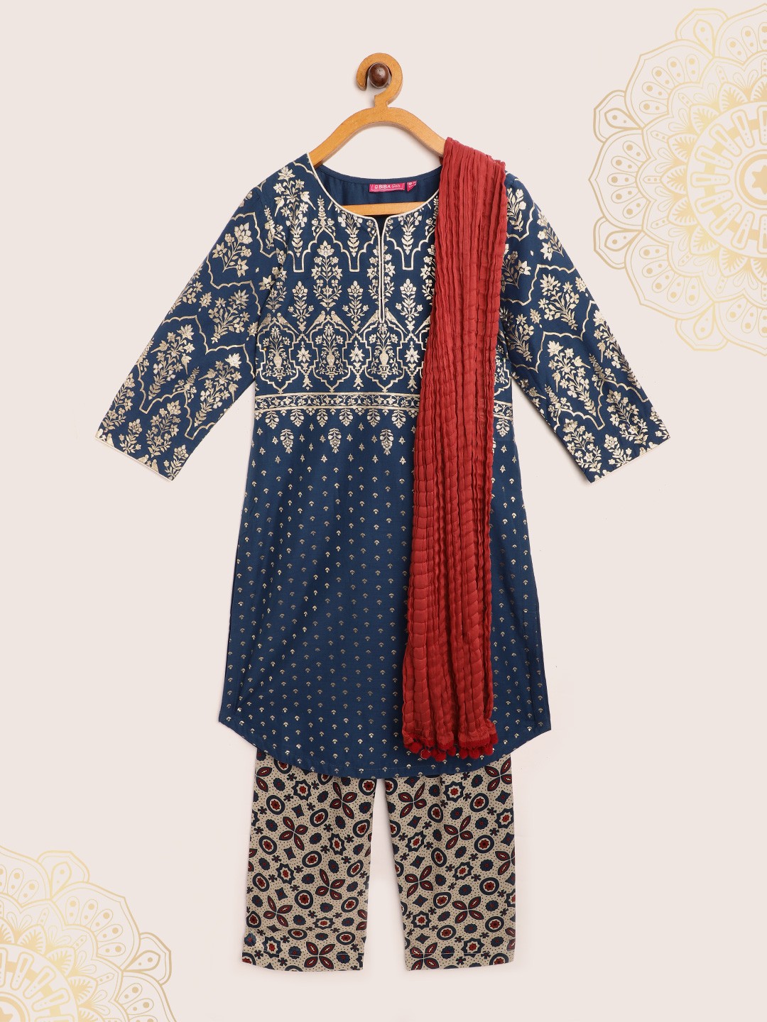 

Biba Girls Teal Blue & Beige Ethnic Motifs Printed Kurta with Trousers & Dupatta