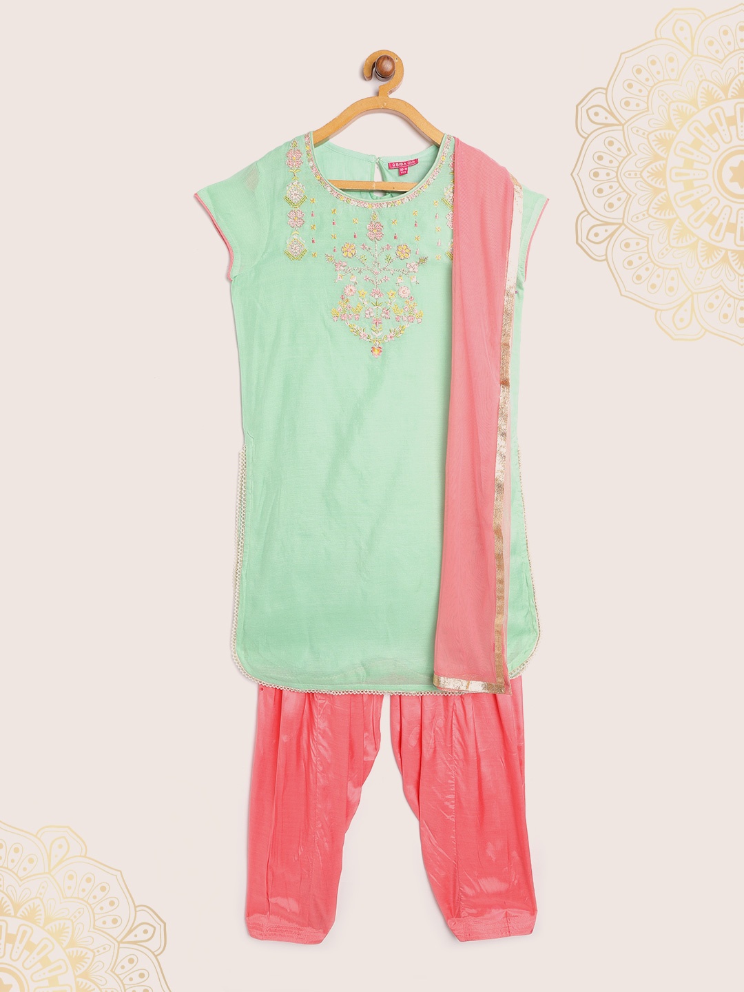 

Biba Girls Sea Green & Peach-Coloured Embroidered Kurta with Salwar & Dupatta