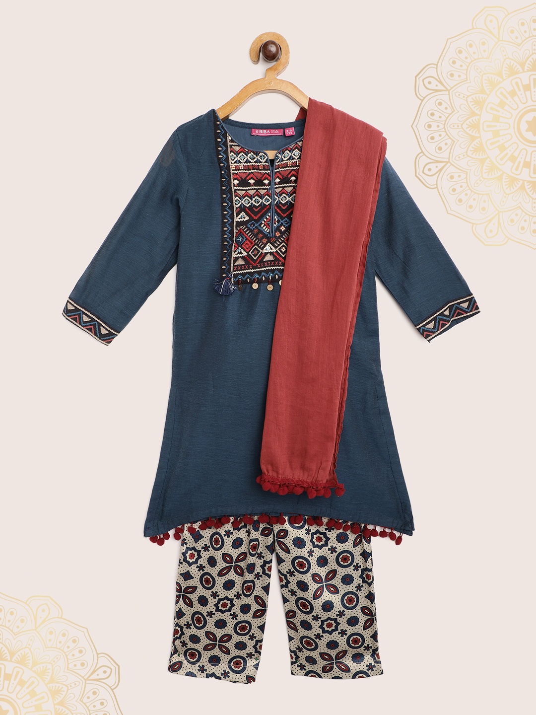 

Biba Girls Teal Blue & Red Ajrakh Yoke Design Straight Kurta with Palazzos & Dupatta