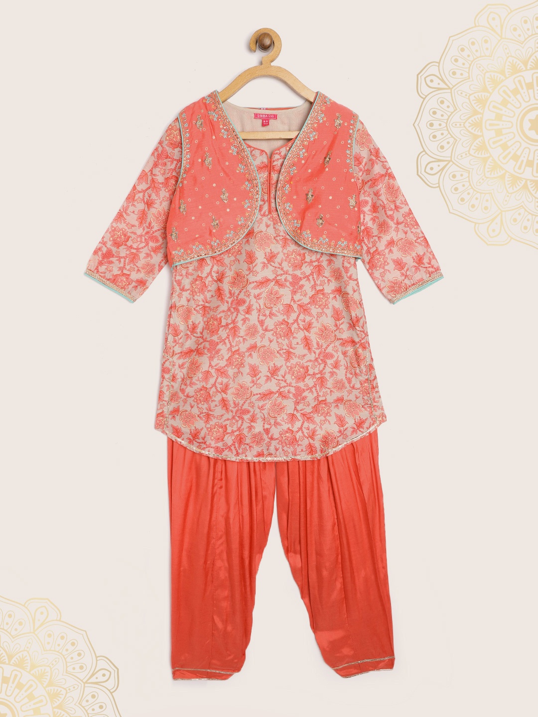 

Biba Girls Pink & Grey Ethnic Motifs Print Kurta with Salwar & Ethnic Jacket