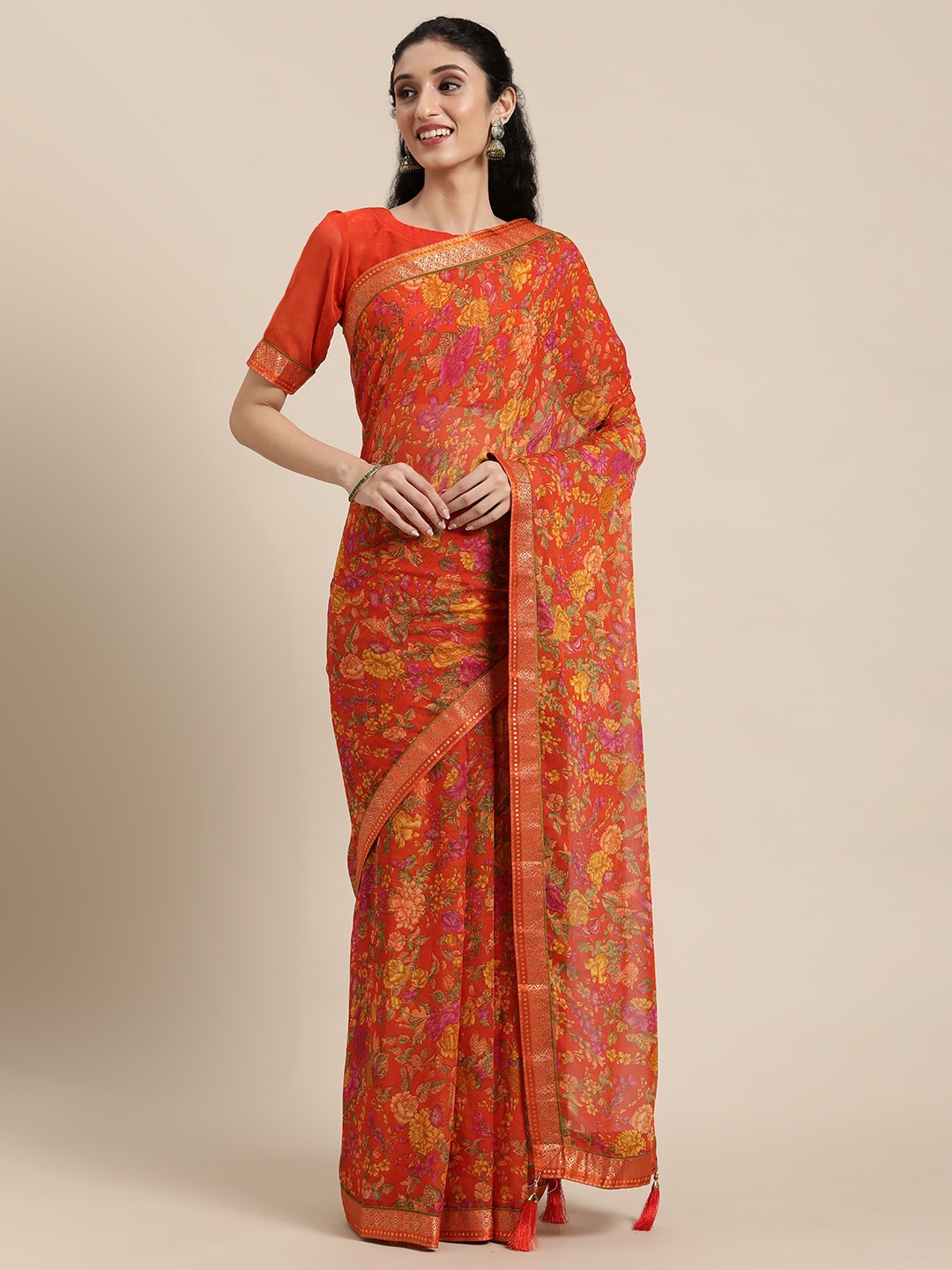 

Satrani Orange & Red Floral Pure Chiffon Saree
