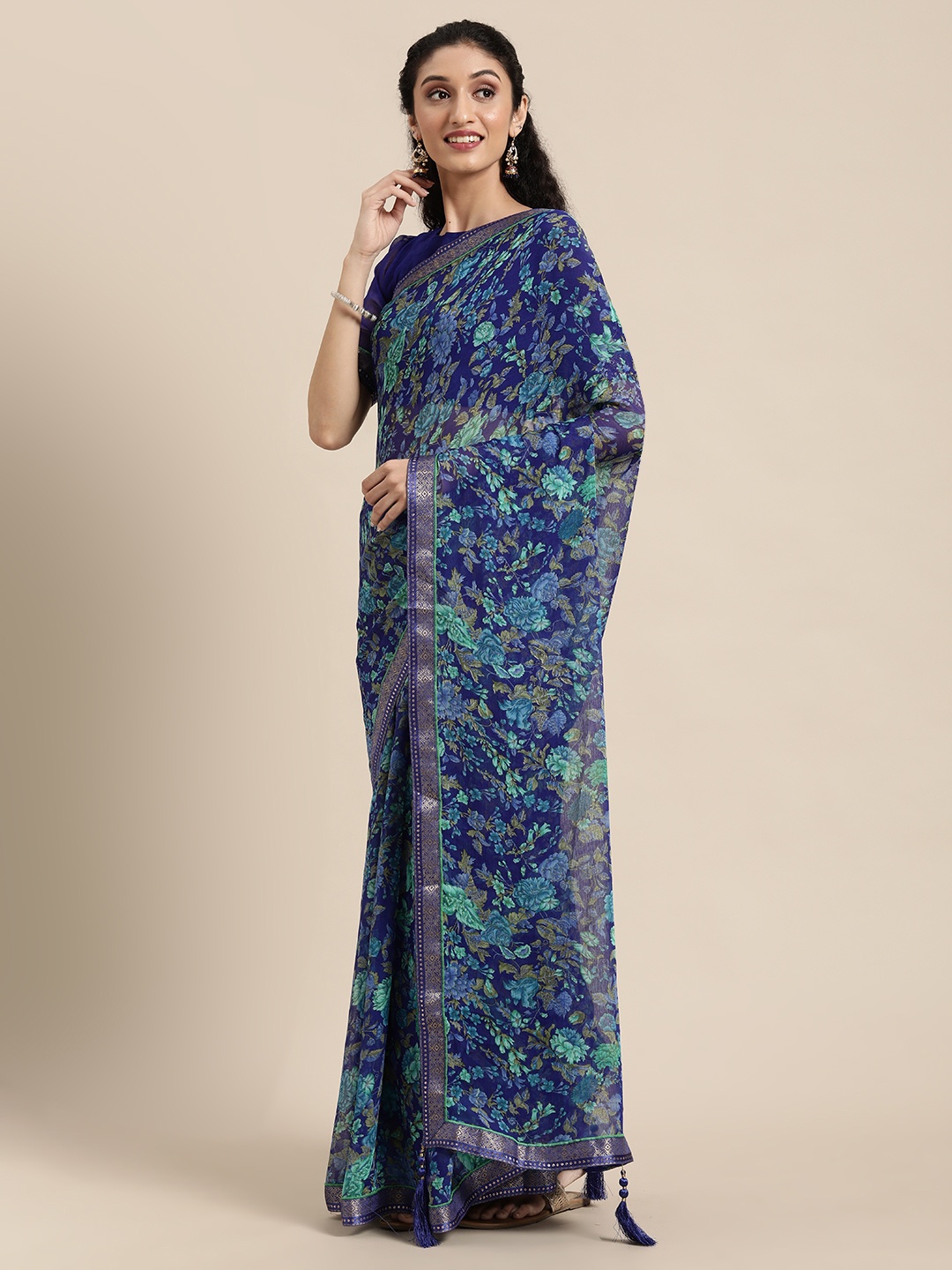 

Satrani Blue & Sea Green Floral Pure Chiffon Saree