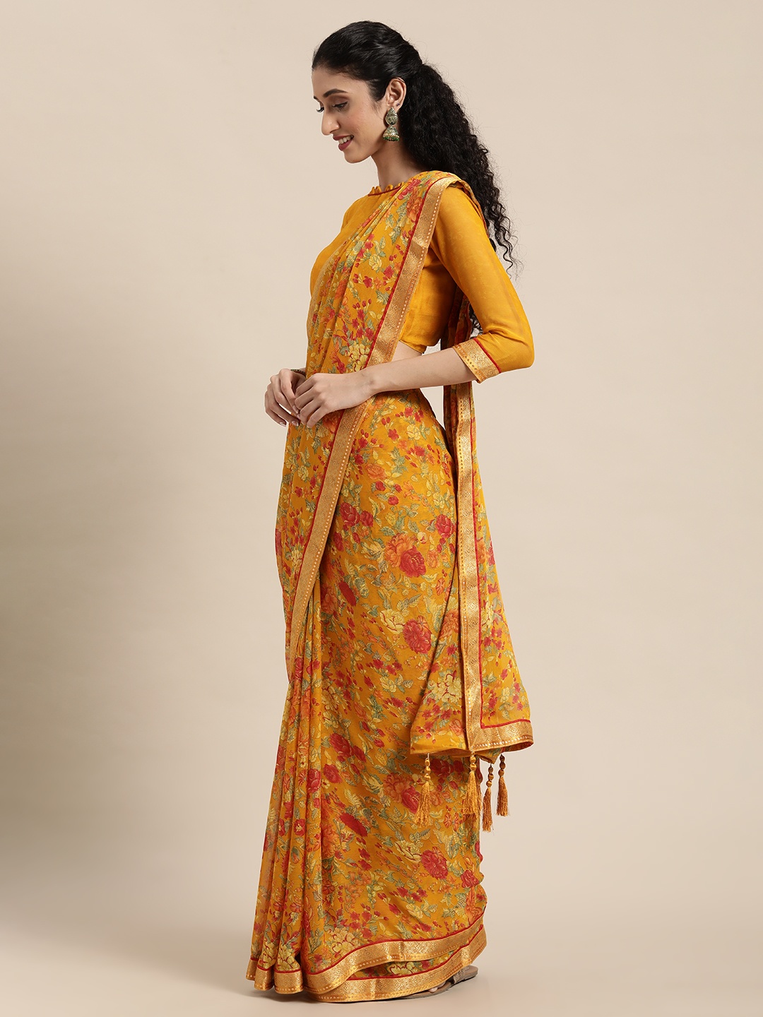 

Satrani Yellow & Red Floral Pure Chiffon Saree