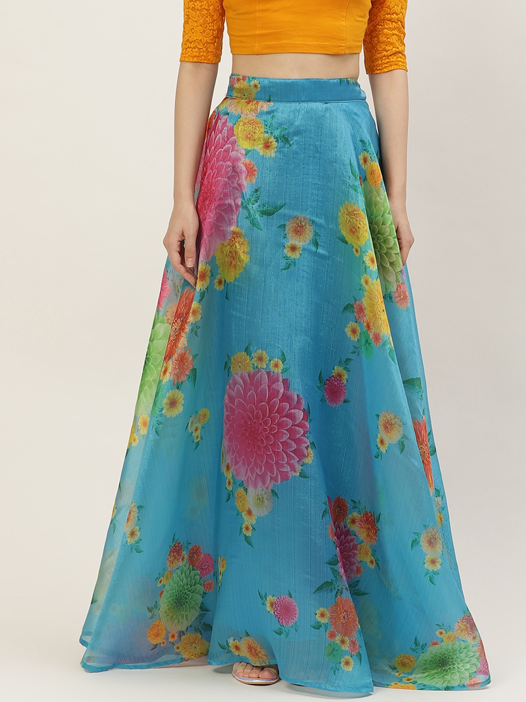 

Studio Shringaar Tuquoise Blue Floral Printed Organza Skirt, Turquoise blue